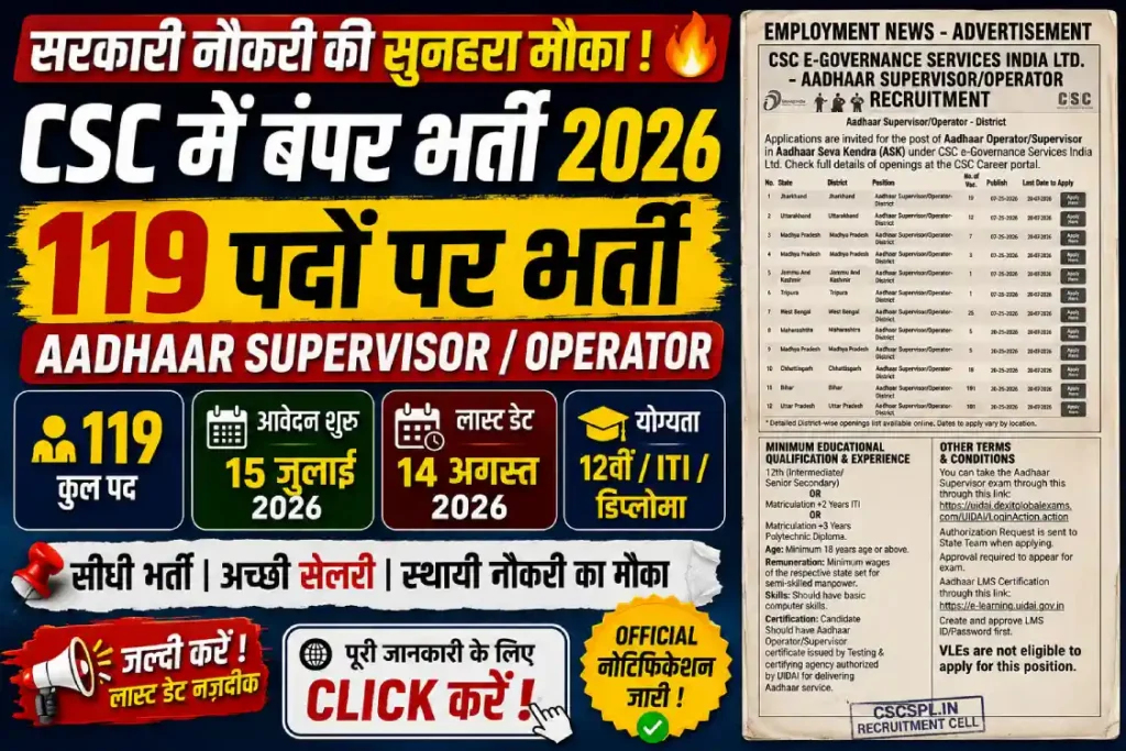 Bihar aadhar supervisor/ Operator vacancy 2026
